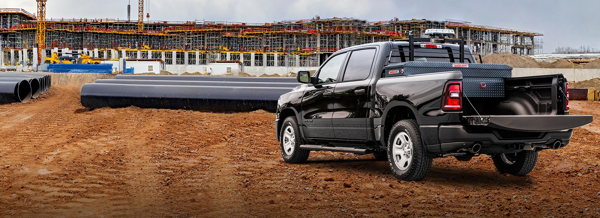 3/4 rear driver side view of truck on a construction site